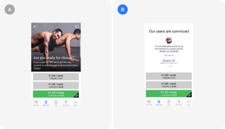 Runtastic A/B test, version A next to version B