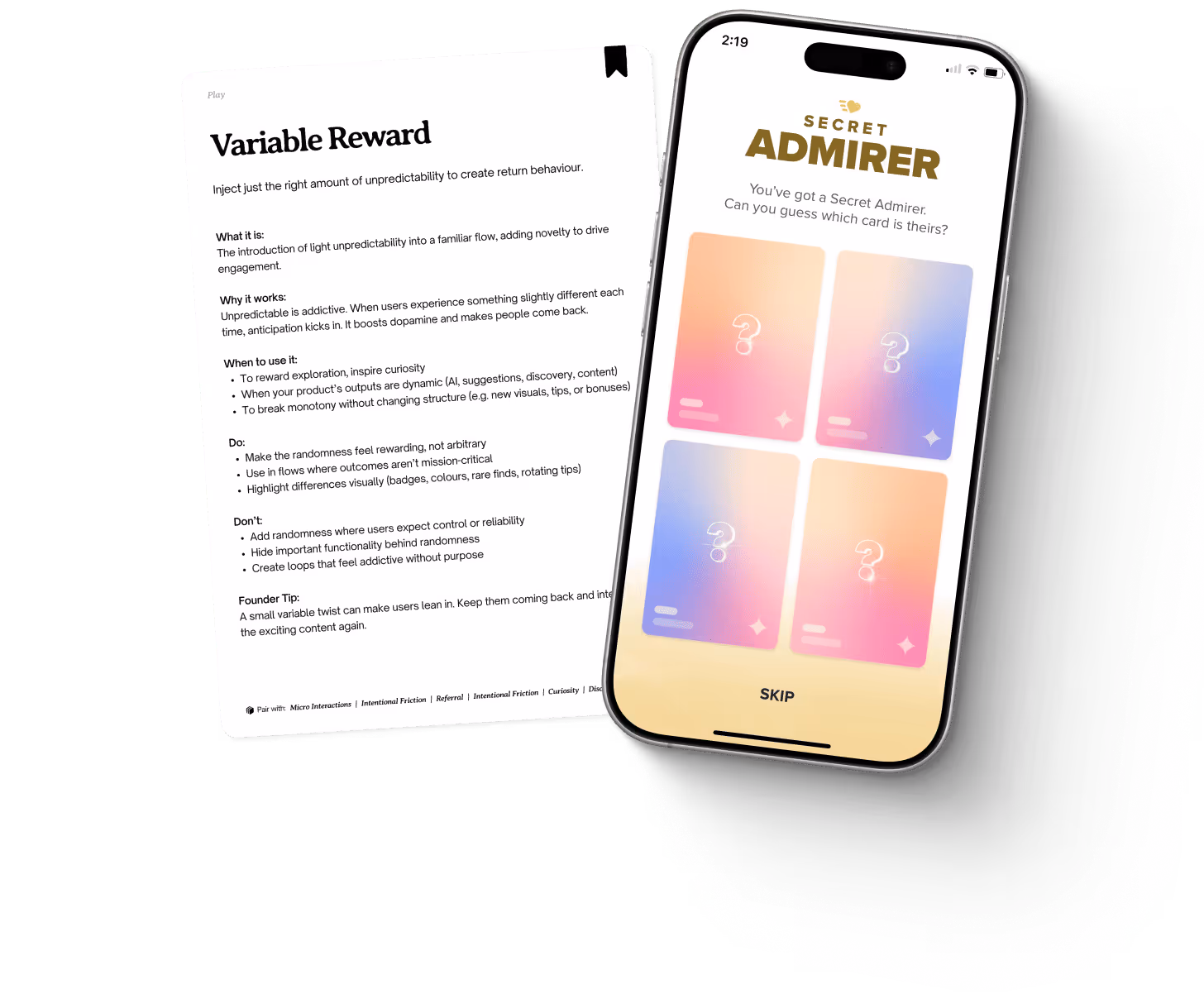 The Variable Reward card next to the app screen it inspired